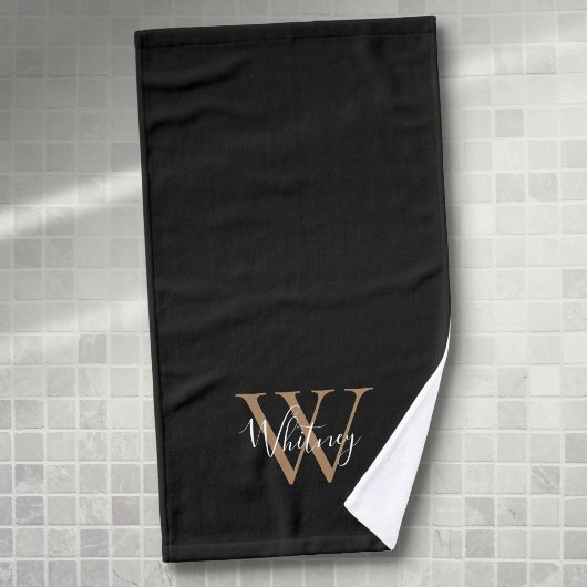 Moderne zwarte goudmonogram Elegant Script Name Handdoek
