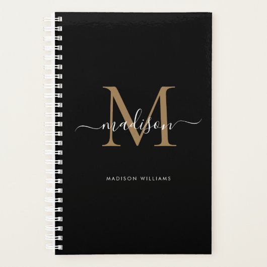 Moderne zwarte goudmonogram Elegant Script Name Planner (Voorkant)