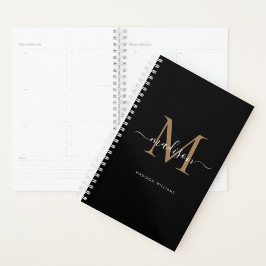Moderne zwarte goudmonogram Elegant Script Name Planner (Display)