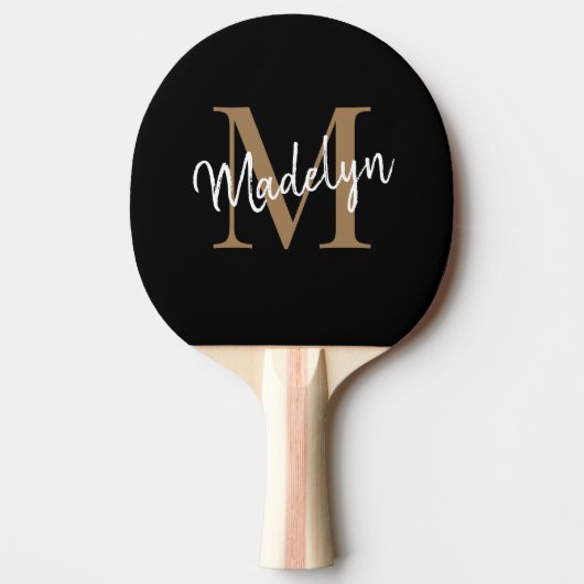 Moderne zwarte goudmonogram Elegant Script Name Tafeltennisbatje (Voorkant)
