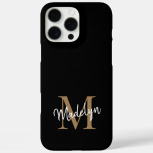 Moderne zwarte goudmonogram Feminine Script Name iPhone 16 Pro Max Hoesje