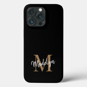 Moderne zwarte goudmonogram Feminine Script Name Case-Mate iPhone Case