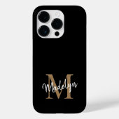 Moderne zwarte goudmonogram Feminine Script Name Case-Mate iPhone Case (Achterkant)