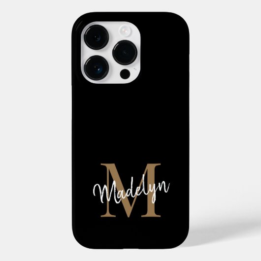 Moderne zwarte goudmonogram Feminine Script Name Case-Mate iPhone Case (Achterkant)