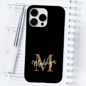 Moderne zwarte goudmonogram Feminine Script Name Case-Mate iPhone Case
