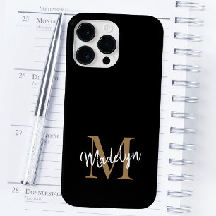 Moderne zwarte goudmonogram Feminine Script Name Case-Mate iPhone 14 Pro Max Hoesje