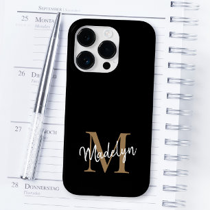 Moderne zwarte goudmonogram Feminine Script Name Case-Mate iPhone 14 Pro Hoesje