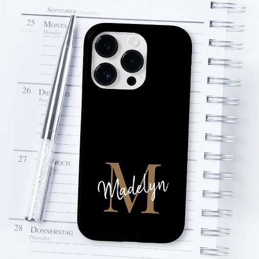 Moderne zwarte goudmonogram Feminine Script Name Case-Mate iPhone Case