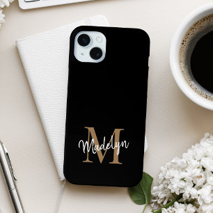 Moderne zwarte goudmonogram Feminine Script Name iPhone 15 Mini Hoesje