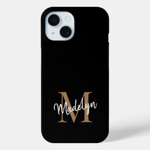 Moderne zwarte goudmonogram Feminine Script Name iPhone 15 Case