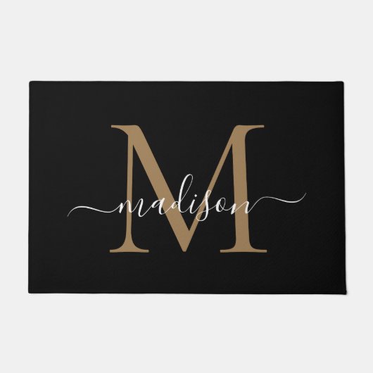 Moderne zwarte goudmonogram Feminine Script Name Deurmat (Voorkant)