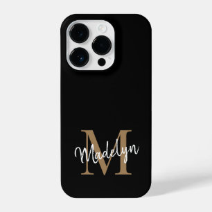 Moderne zwarte goudmonogram Feminine Script Name iPhone 14 Plus Hoesje