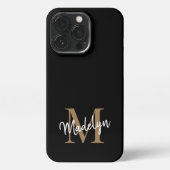 Moderne zwarte goudmonogram Feminine Script Name iPhone Hoesje (Achterkant)