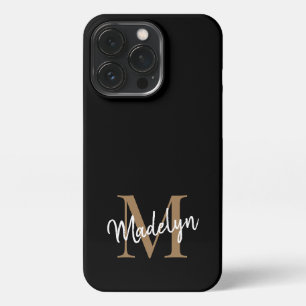 Moderne zwarte goudmonogram Feminine Script Name iPhone 13 Pro Hoesje