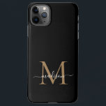 Moderne zwarte goudmonogram Feminine Script Name iPhone 11Pro Max Hoesje<br><div class="desc">Moderne zwarte goudmonogram Feminine Script Name Phone Case</div>