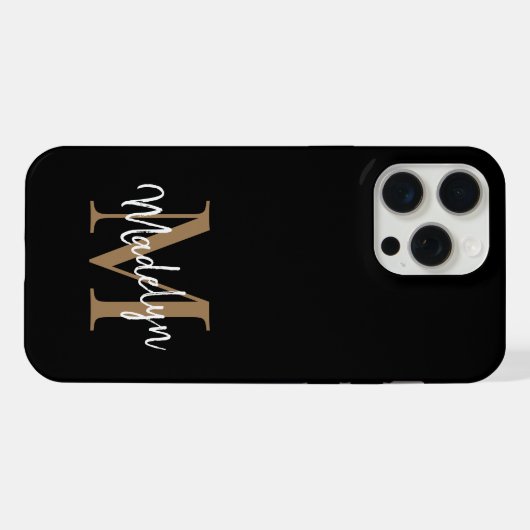 Moderne zwarte goudmonogram Feminine Script Name iPhone Hoesje (Achterkant horizontaal)