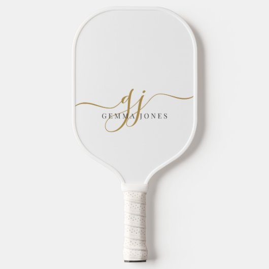 Moderne zwarte goudmonogram Feminine Script Name Pickleball Paddle (Voorkant)