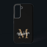 Moderne zwarte goudmonogram Feminine Script Name Samsung Galaxy Hoesje<br><div class="desc">Modern Black Gold Monogram Feminine Script Name Phone Case. Pas deze moderne elegante telefoonzaak eenvoudig aan met uw eigen monogram en naam.</div>