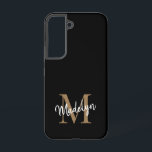 Moderne zwarte goudmonogram Feminine Script Name Samsung Galaxy Hoesje<br><div class="desc">Modern Black Gold Monogram Feminine Script Name Phone Case. Pas deze moderne elegante telefoonzaak eenvoudig aan met uw eigen monogram en naam.</div>
