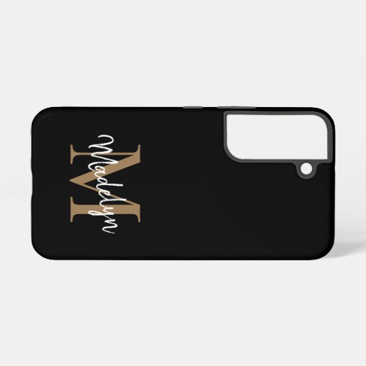 Moderne zwarte goudmonogram Feminine Script Name Samsung Galaxy Hoesje (Achterkant horizontaal)
