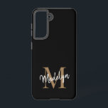 Moderne zwarte goudmonogram Feminine Script Name Samsung Galaxy Hoesje<br><div class="desc">Modern Black Gold Monogram Feminine Script Name Phone Case. Pas deze moderne elegante telefoonzaak eenvoudig aan met uw eigen monogram en naam.</div>