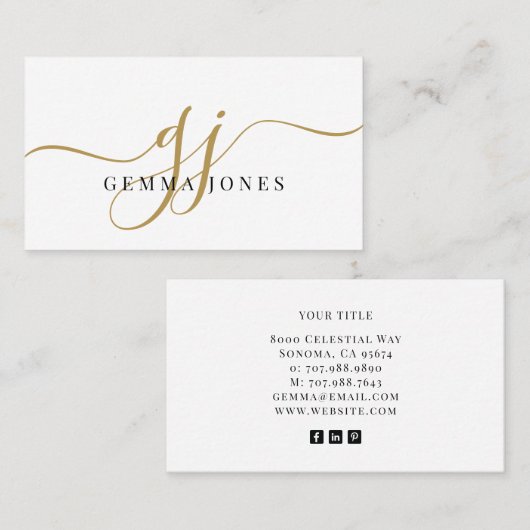 Moderne zwarte goudmonogram Feminine Script Name Visitekaartje (Voorkant / Achterkant)