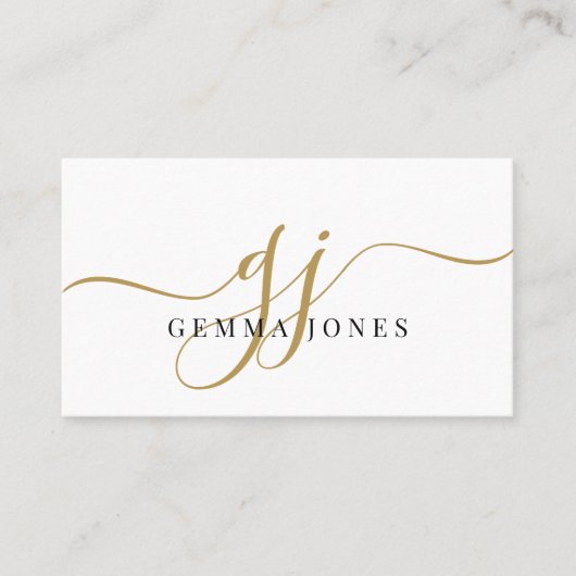 Moderne zwarte goudmonogram Feminine Script Name Visitekaartje (Voorkant)