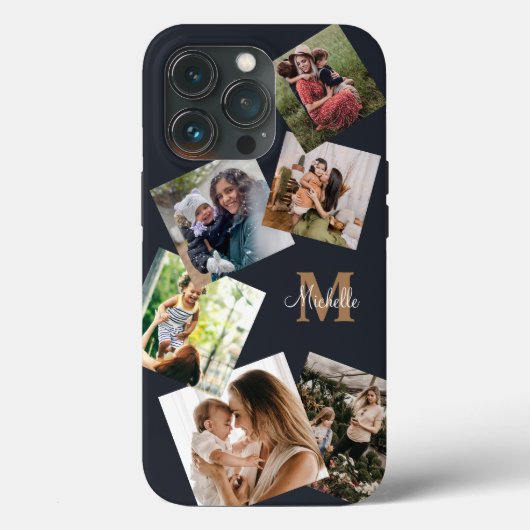 Moderne zwarte & goudmonogram multi-foto Case-Mate iPhone case (Achterkant)