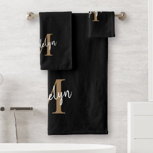 Moderne zwarte goudmonogram naam bad handdoek