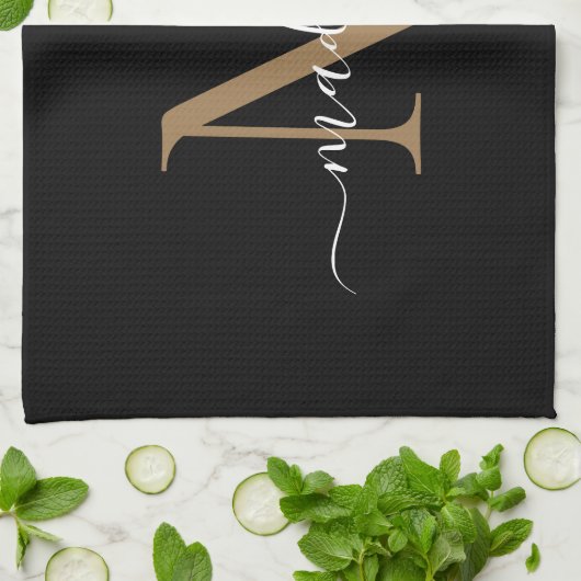 Moderne zwarte goudmonogram naam theedoek (Gevouwen)