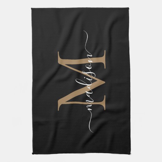 Moderne zwarte goudmonogram naam theedoek (Verticaal)