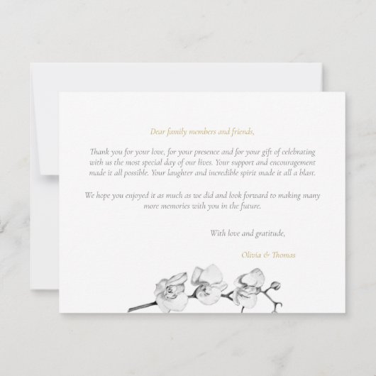 Moderne zwarte goudorchideeën bruiloft bedankkaart (Achterkant)