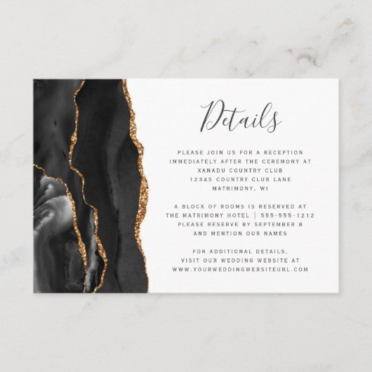 Moderne zwarte goudslagbruiloft - Gegevens Informatiekaartje (Voorkant)
