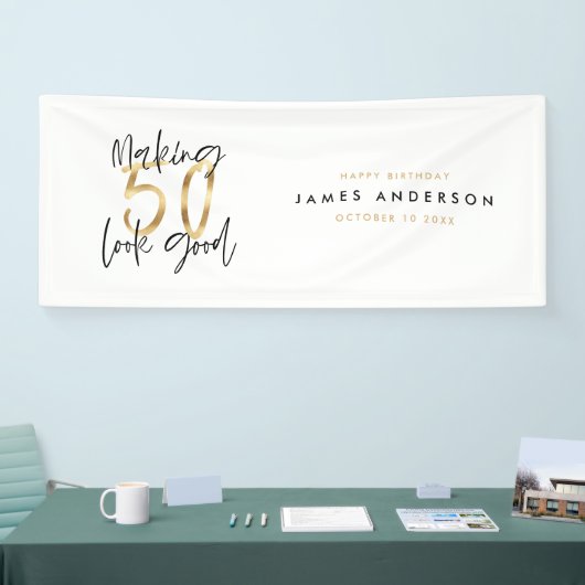 Moderne zwarte goudverjaardag eenvoudig elegant sc spandoek (Beurs)