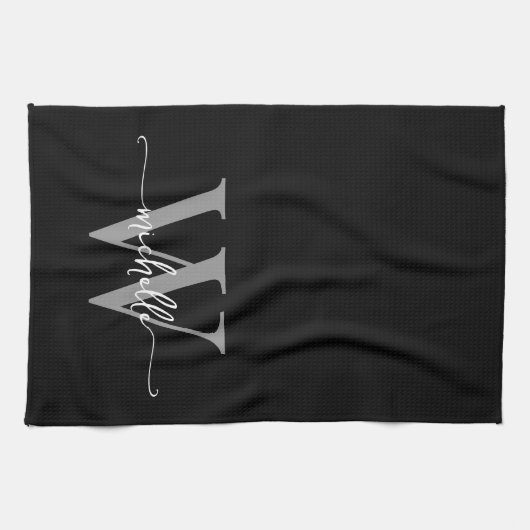 Moderne Zwarte Grijze Aangepaste Monogram Naam Let Theedoek (Horizontaal)