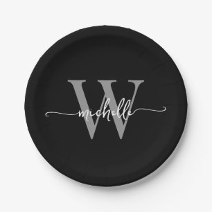 Moderne Zwarte Grijze Aangepaste Monogram Naam Scr Papieren Bordje