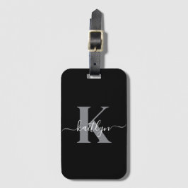 Moderne zwarte grijze script monogram bagagelabel