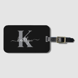 Moderne zwarte grijze script monogram bagagelabel