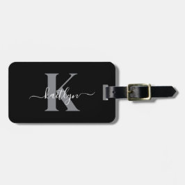 Moderne zwarte grijze script monogram bagagelabel