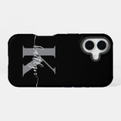 Moderne zwarte grijze script monogram iPhone 16 hoesje (Achterkant horizontaal)