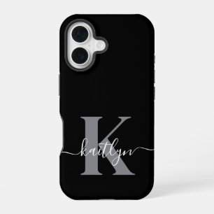 Moderne zwarte grijze script monogram iPhone 16 hoesje
