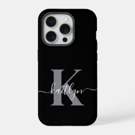 Moderne zwarte grijze script monogram iPhone 15 pro case