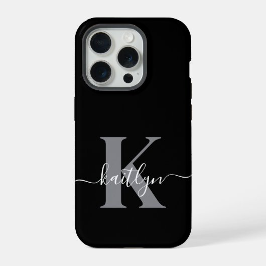 Moderne zwarte grijze script monogram iPhone hoesje (Achterkant)