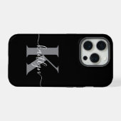 Moderne zwarte grijze script monogram iPhone hoesje (Achterkant horizontaal)