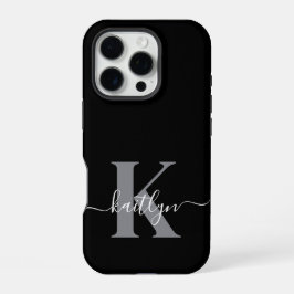 Moderne zwarte grijze script monogram iPhone 16 pro hoesje
