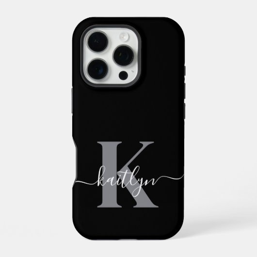 Moderne zwarte grijze script monogram iPhone hoesje (Achterkant)