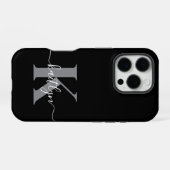 Moderne zwarte grijze script monogram iPhone hoesje (Achterkant horizontaal)