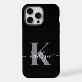 Moderne zwarte grijze script monogram iPhone 15 pro max case