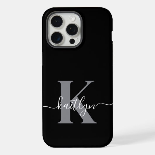 Moderne zwarte grijze script monogram iPhone hoesje (Achterkant)