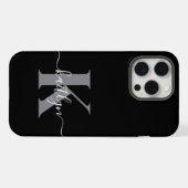 Moderne zwarte grijze script monogram iPhone hoesje (Achterkant horizontaal)